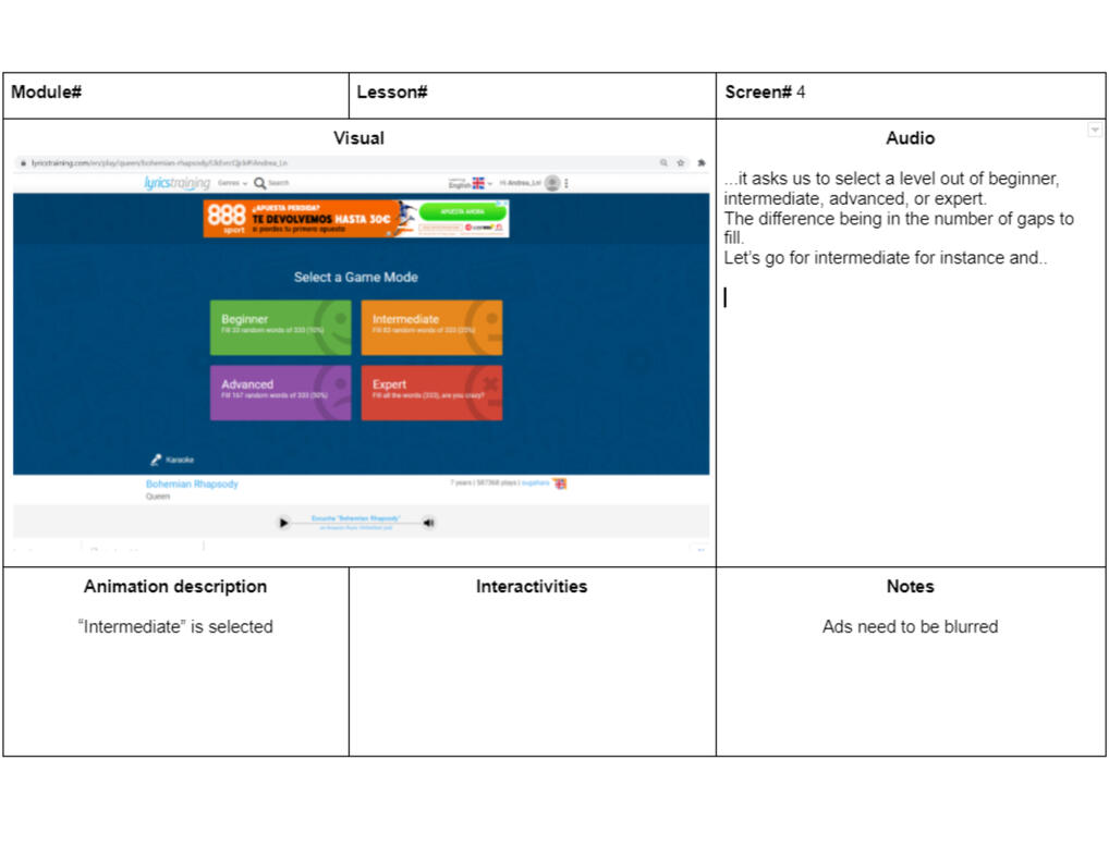 Storyboard for screencast video