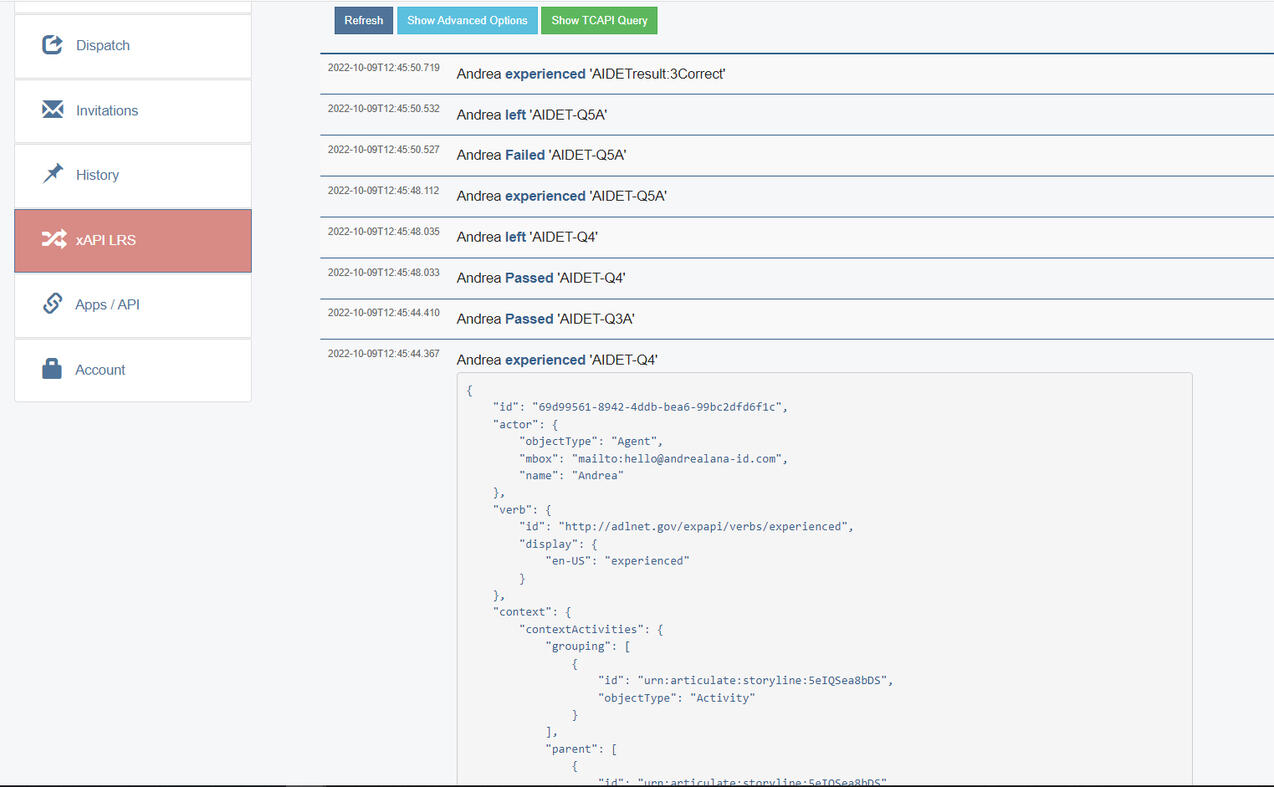 xAPI statements sent during the interaction